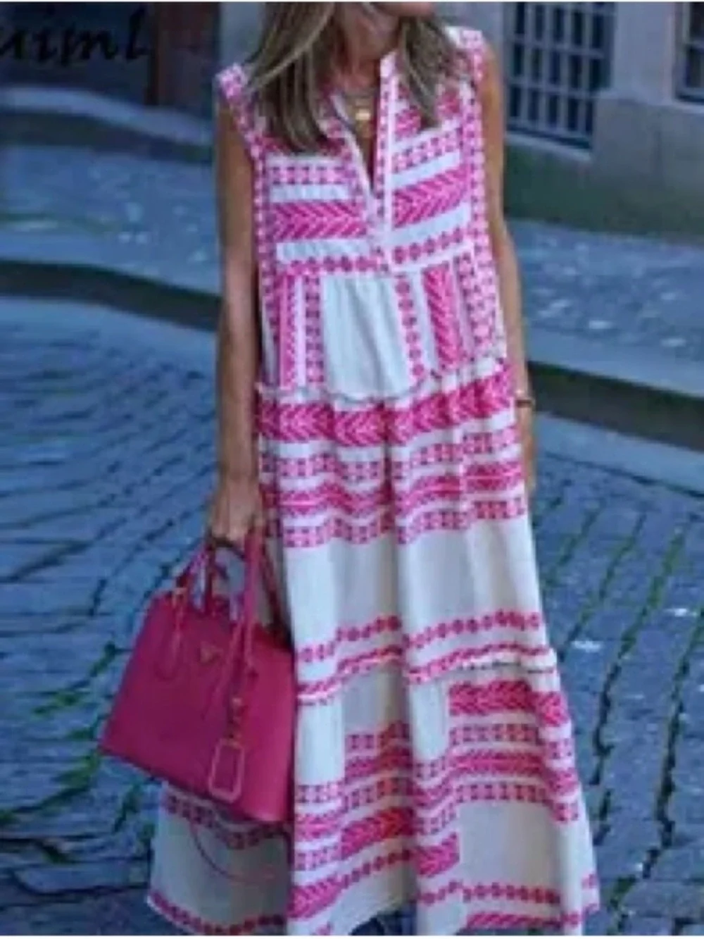 Zele White Maxi Dress with Hot Pink Embroidered Stripes - Picture 2 of 9
